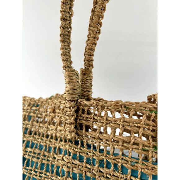 Jute Tote Aqua Polyester Fabric Lining With Interior Pocket Wood Button Closure - Picture 4 of 8